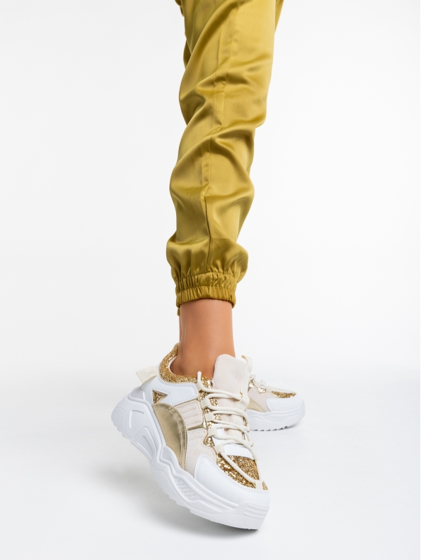 Дамски спортни обувки бели със златисто от еко кожа и текстилен материал Reena, 2 - Kalapod.bg