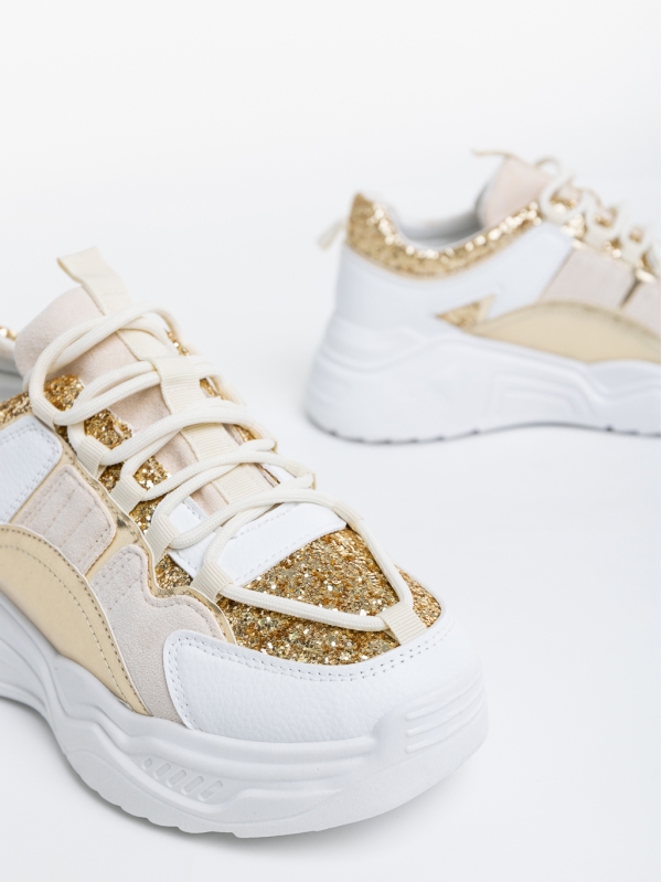 Дамски спортни обувки бели със златисто от еко кожа и текстилен материал Reena, 6 - Kalapod.bg