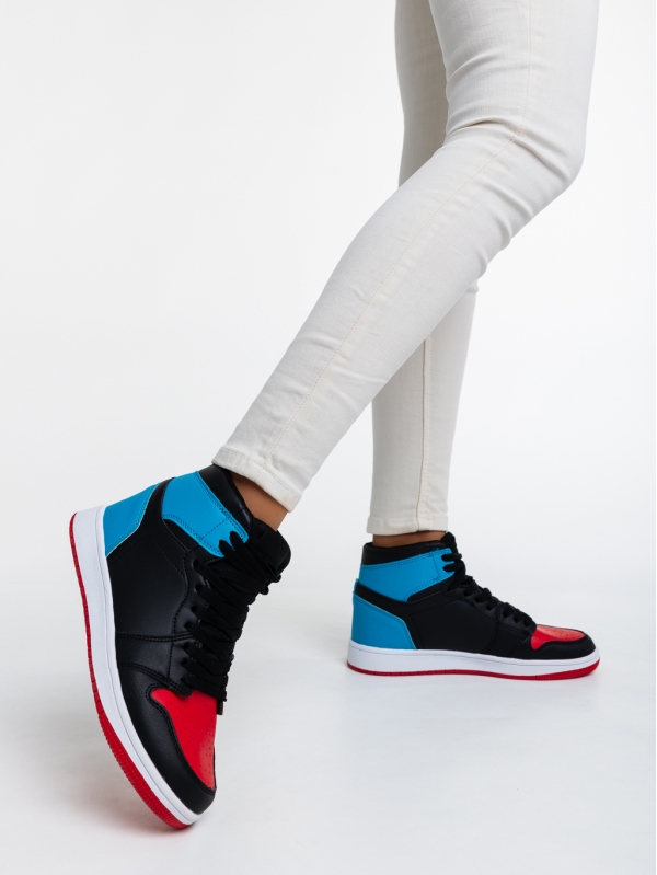 Дамски спортни обувки черни с червено и синьо от еко кожа Cass, 3 - Kalapod.bg