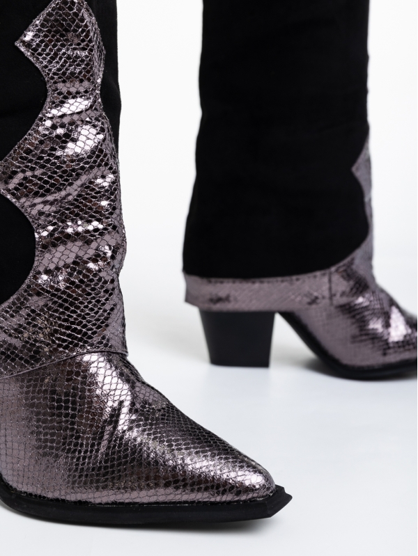 Дамски чизми черни с сиви от текстилен материал Margareeta, 6 - Kalapod.bg