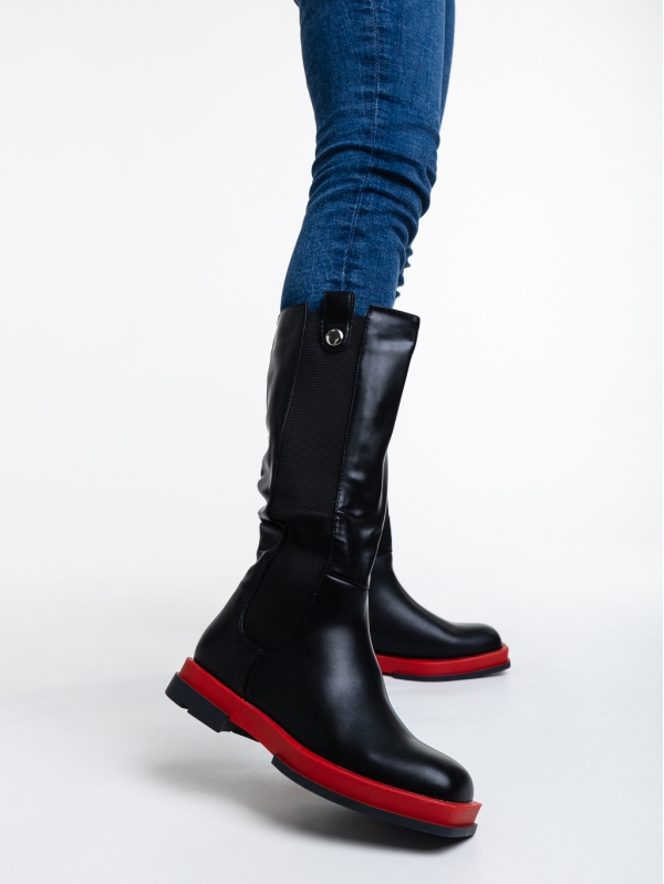 Дамски чизми черни с червено от еко кожа Nerita, 2 - Kalapod.bg