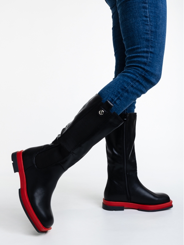 Дамски чизми черни с червено от еко кожа Nerita - Kalapod.bg