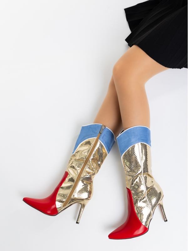 Дамски чизми червени със златисто от еко кожа Eireann, 4 - Kalapod.bg