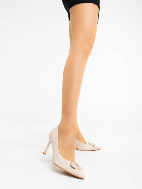 Дамски обувки с ток телесен цвят от текстилен  материал Tacey, 2 - Kalapod.bg