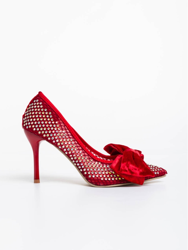 Дамски обувки с ток червени  от текстилен  материал Marliss, 5 - Kalapod.bg