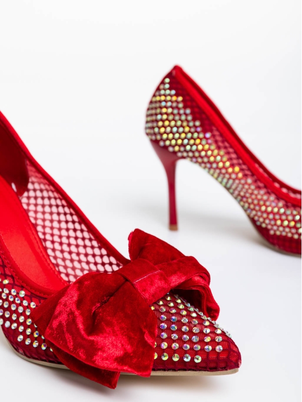 Дамски обувки с ток червени  от текстилен  материал Marliss, 6 - Kalapod.bg