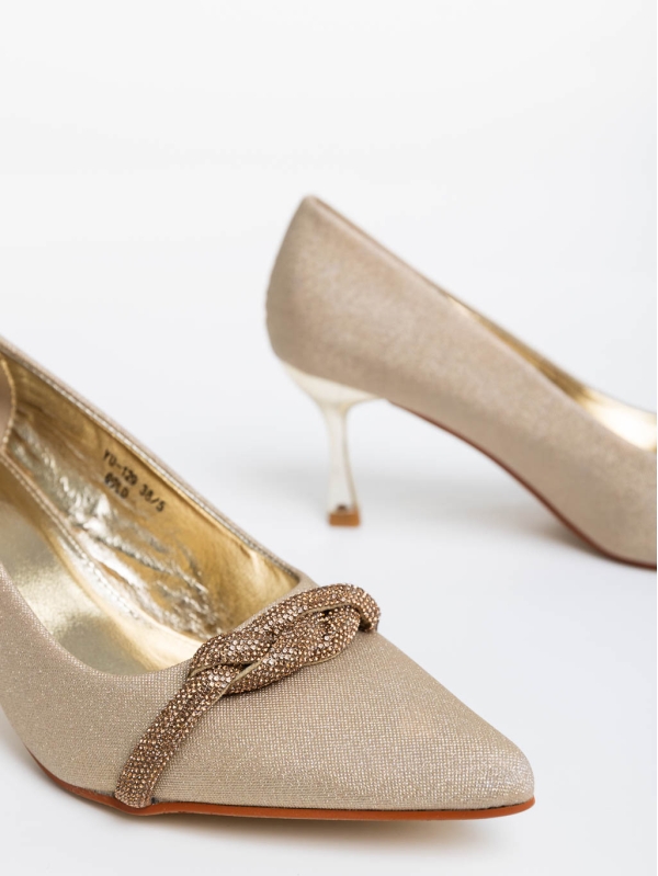 Дамски обувки с ток златни от текстилен  материал Alishia, 6 - Kalapod.bg