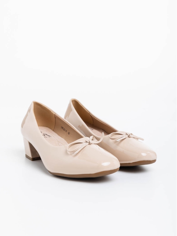 Дамски обувки с ток бежови от екологична кожа лачена  Natacha, 2 - Kalapod.bg
