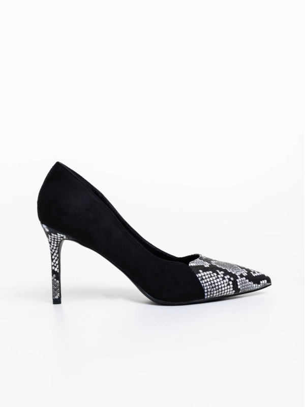 Дамски обувки с ток черни от екологична кожа и текстилен материал Sariah, 5 - Kalapod.bg