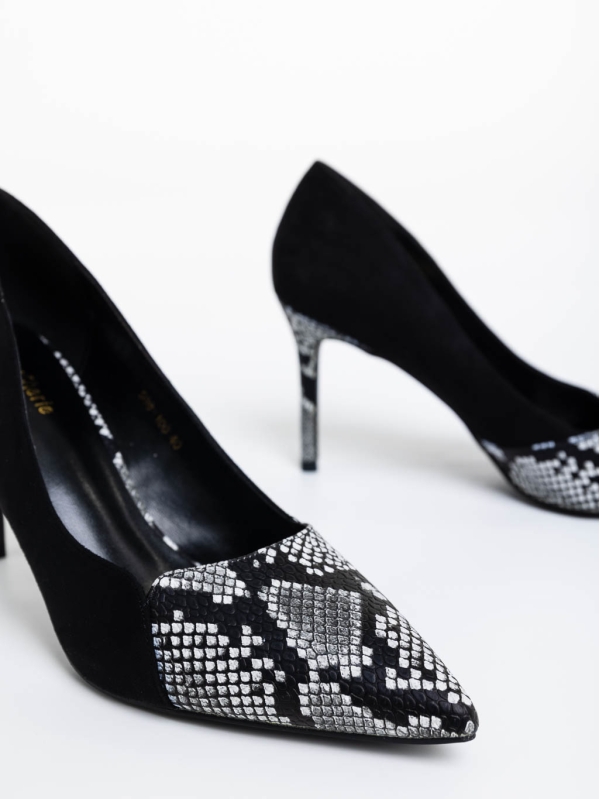 Дамски обувки с ток черни от екологична кожа и текстилен материал Sariah, 6 - Kalapod.bg