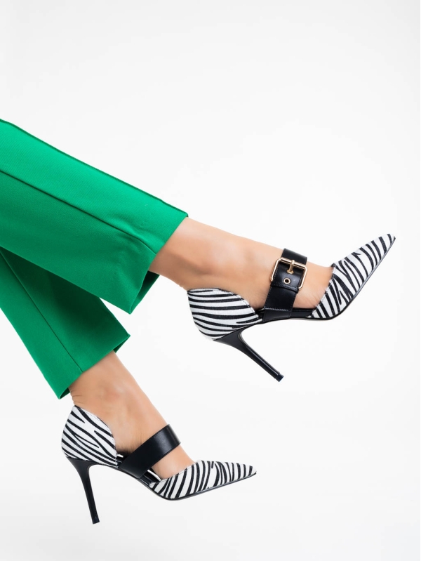 Дамски обувки с ток бели с черно от текстилен материал Sadiya, 3 - Kalapod.bg