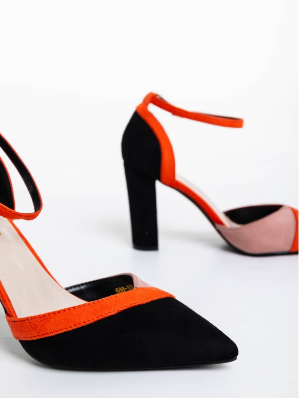 Дамски обувки с ток оранжево с черно от текстилен материал Olivea, 6 - Kalapod.bg