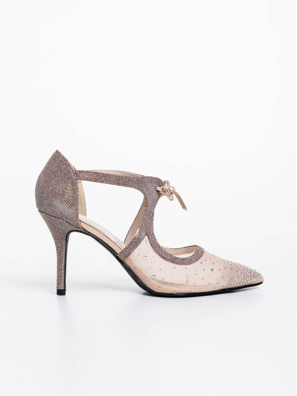 Дамски обувки с ток цвят шампанско от текстилен материал Tinara, 5 - Kalapod.bg