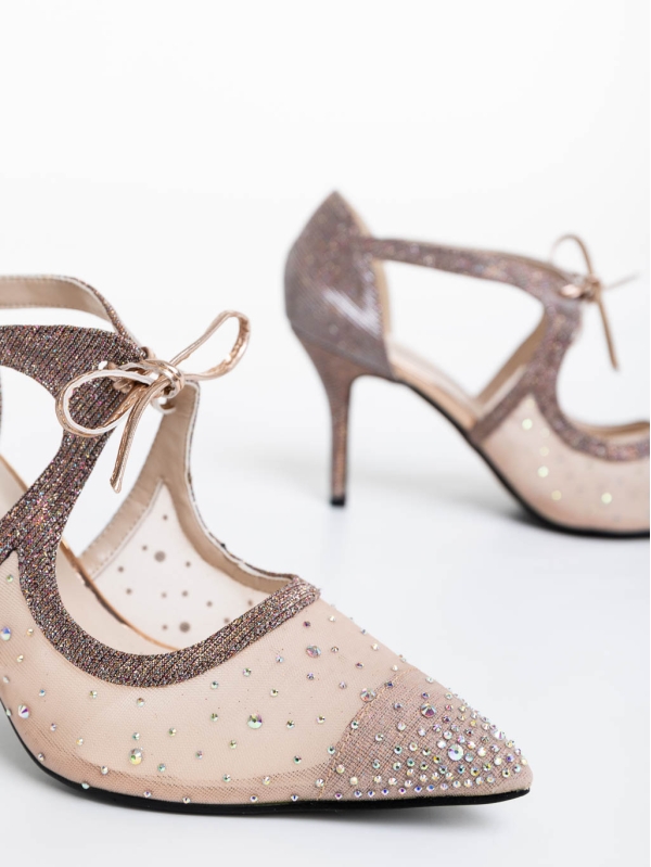 Дамски обувки с ток цвят шампанско от текстилен материал Tinara, 6 - Kalapod.bg