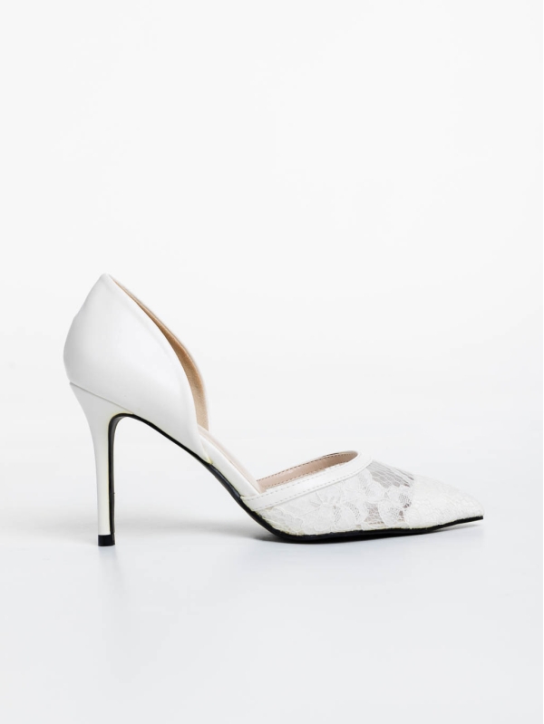Дамски обувки с ток бели от текстилен материал и екологична кожа Orella, 5 - Kalapod.bg