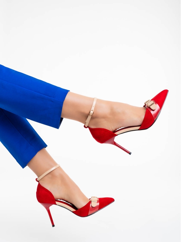 Дамски обувки с ток червени от текстилен материал Teiana, 3 - Kalapod.bg