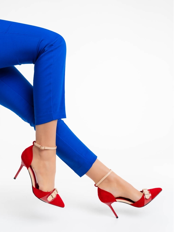 Дамски обувки с ток червени от текстилен материал Teiana, 4 - Kalapod.bg