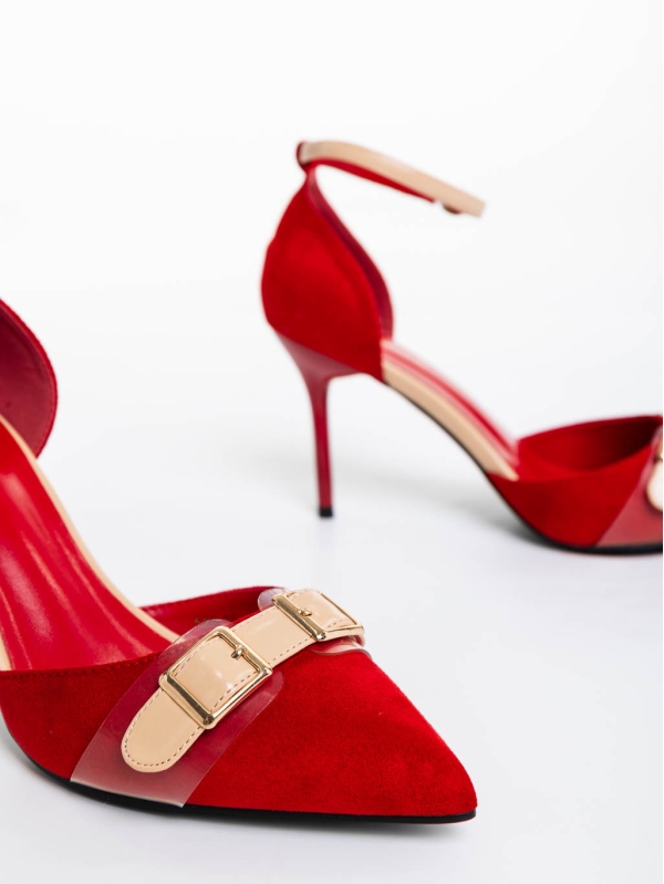 Дамски обувки с ток червени от текстилен материал Teiana, 6 - Kalapod.bg