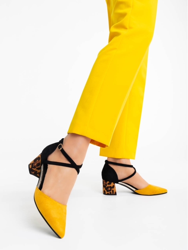 Дамски обувки с ток жълти от текстилен материал Sisley, 3 - Kalapod.bg