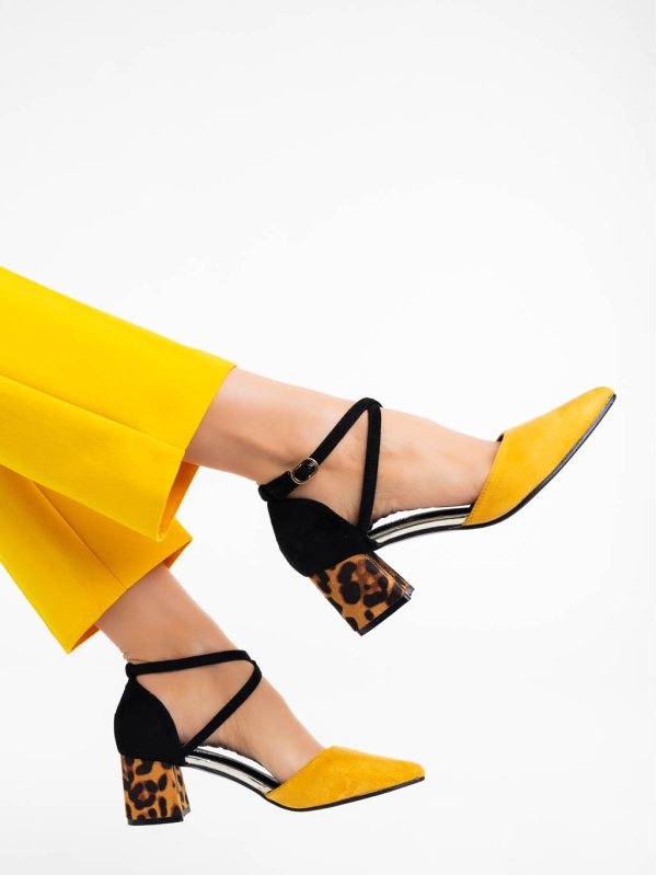 Дамски обувки с ток жълти от текстилен материал Sisley, 4 - Kalapod.bg
