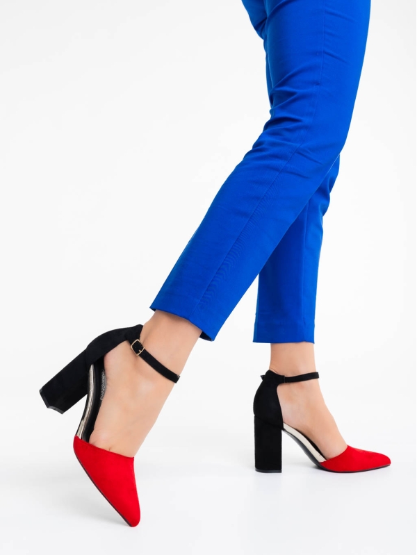 Дамски обувки с ток червени  от текстилен материал Sapna, 3 - Kalapod.bg