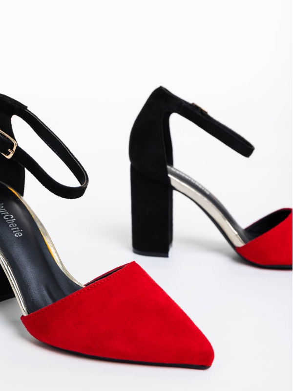 Дамски обувки с ток червени  от текстилен материал Sapna, 6 - Kalapod.bg