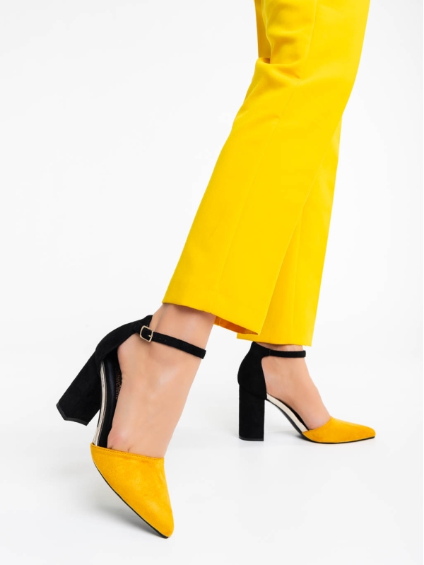 Дамски обувки с ток жълти от текстилен материал Sapna, 3 - Kalapod.bg