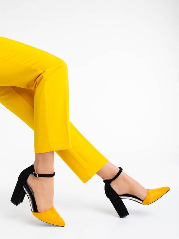 Дамски обувки с ток жълти от текстилен материал Sapna, 4 - Kalapod.bg