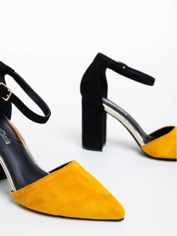 Дамски обувки с ток жълти от текстилен материал Sapna, 6 - Kalapod.bg