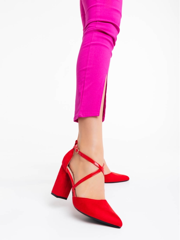 Дамски обувки с ток червени от текстилен материал Sirenna, 2 - Kalapod.bg
