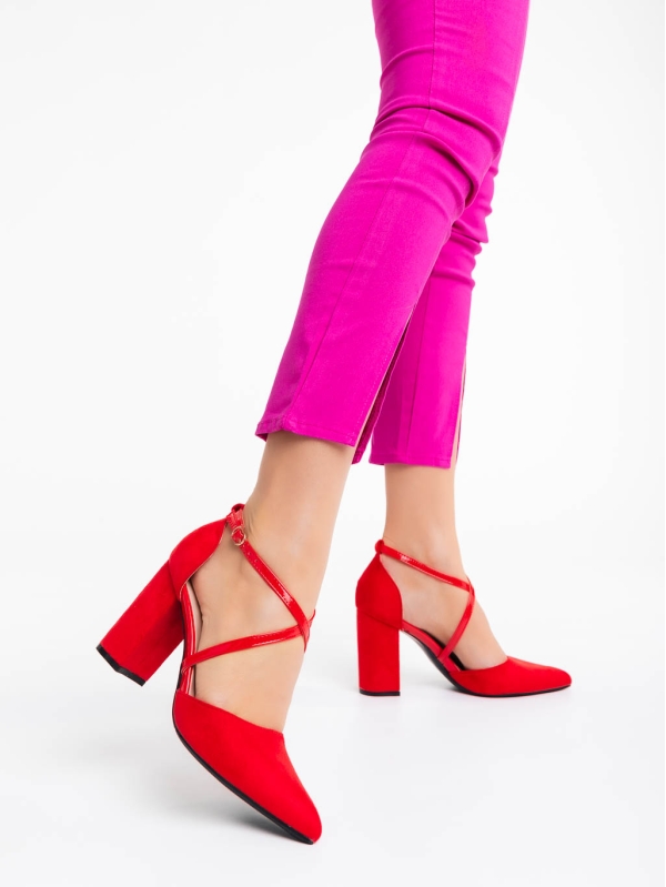 Дамски обувки с ток червени от текстилен материал Sirenna, 3 - Kalapod.bg