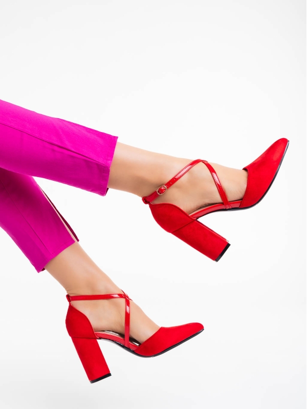 Дамски обувки с ток червени от текстилен материал Sirenna, 4 - Kalapod.bg