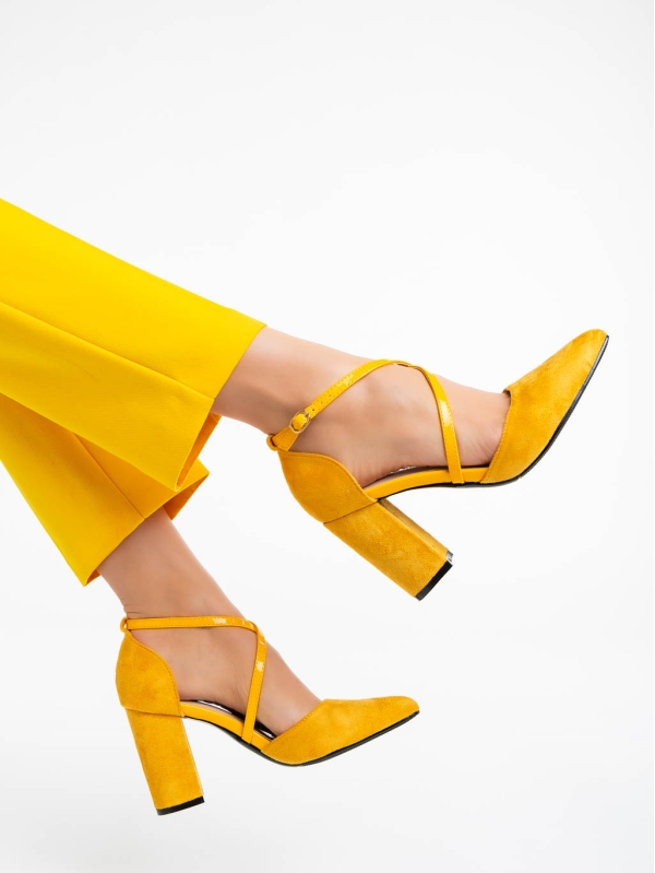Дамски обувки с ток жълти от текстилен материал Sirenna, 3 - Kalapod.bg