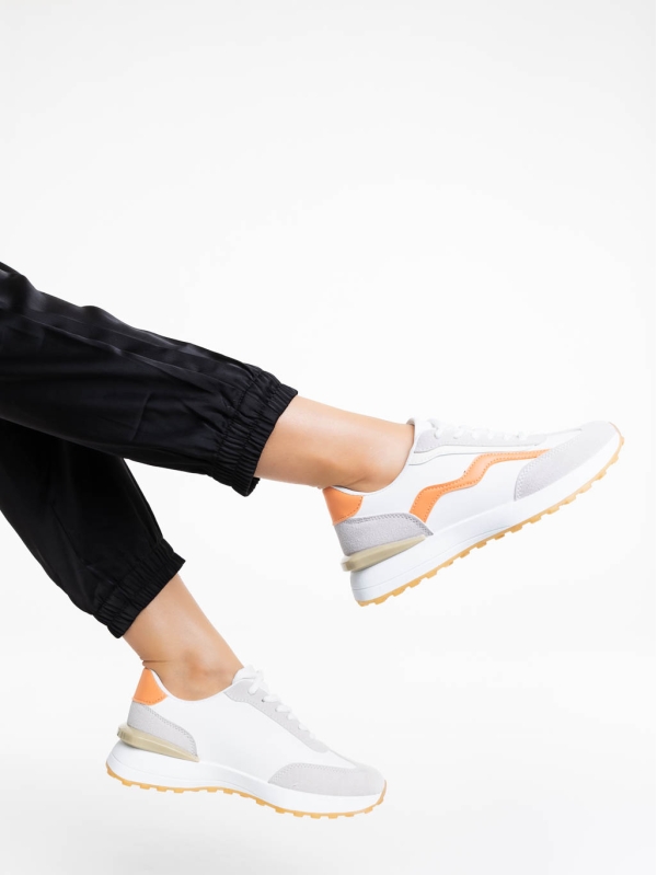 Дамски спортни обувки бели с оранжево от екологична кожа Dilly, 4 - Kalapod.bg