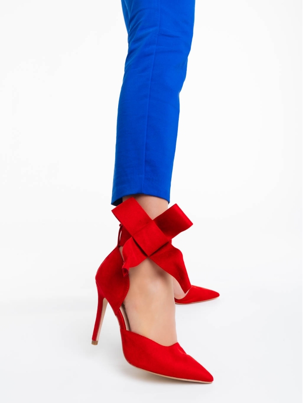 Дамски обувки с ток червени от текстилен материал Tanicha, 3 - Kalapod.bg