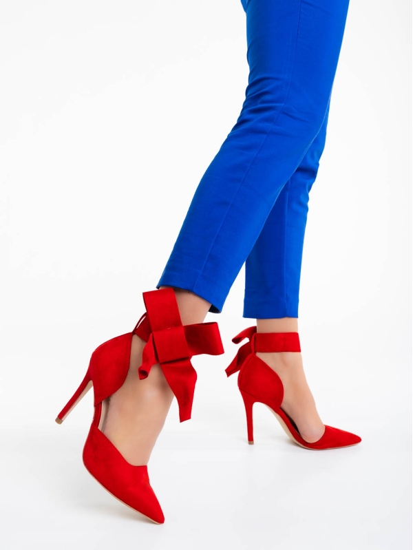 Дамски обувки с ток червени от текстилен материал Tanicha, 4 - Kalapod.bg