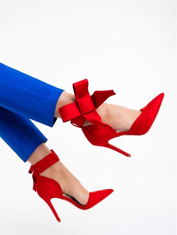 Дамски обувки с ток червени от текстилен материал Tanicha, 5 - Kalapod.bg