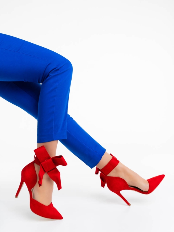 Дамски обувки с ток червени от текстилен материал Tanicha, 6 - Kalapod.bg