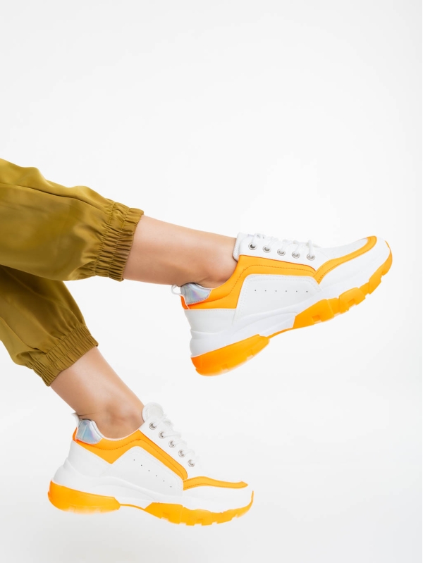 Дамски спортни обувки бели с оранжево от екологична кожа Mona, 3 - Kalapod.bg