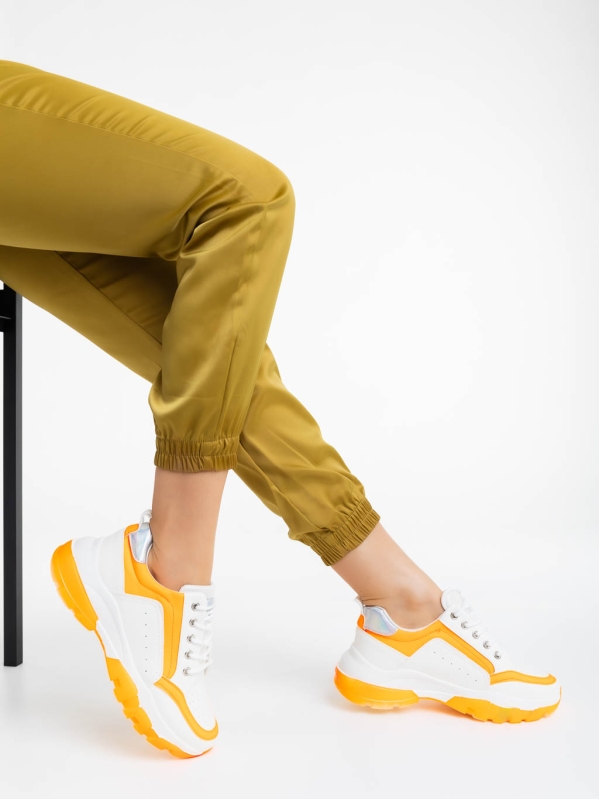 Дамски спортни обувки бели с оранжево от екологична кожа Mona, 4 - Kalapod.bg