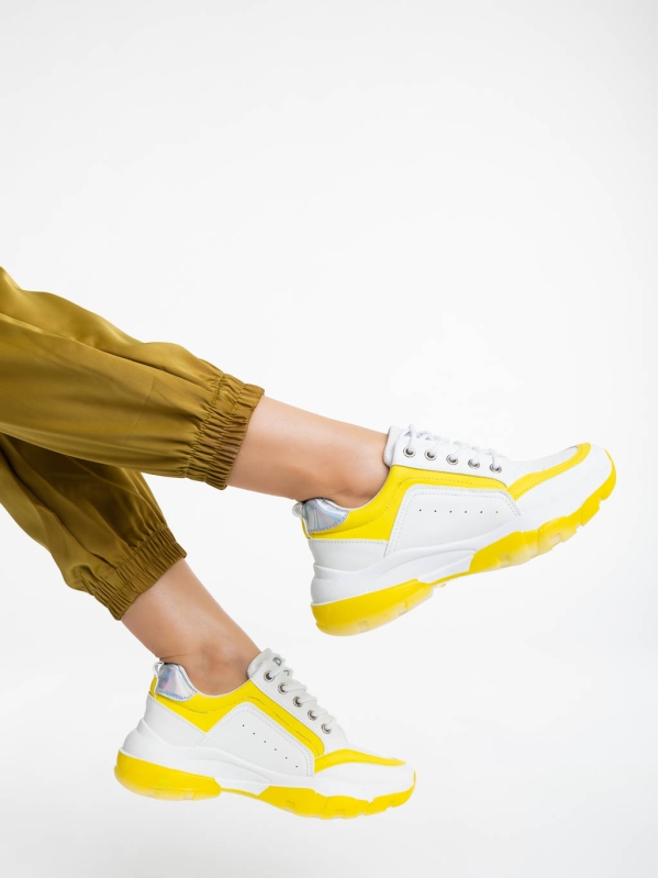 Дамски спортни обувки бели с жълто от екологична кожа Mona - Kalapod.bg