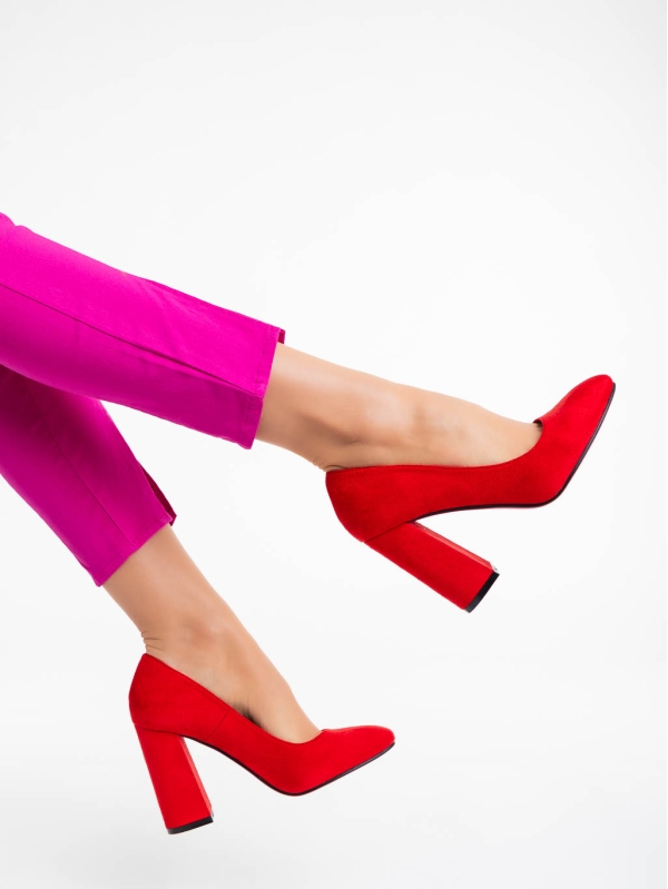 Дамски обувки с ток червени от текстилен материал Orlina, 3 - Kalapod.bg