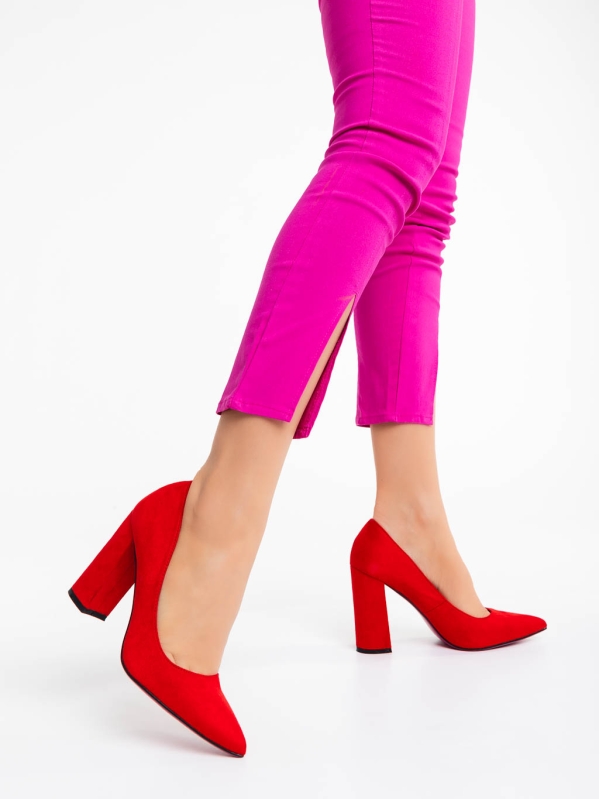 Дамски обувки с ток червени от текстилен материал Tohura, 2 - Kalapod.bg