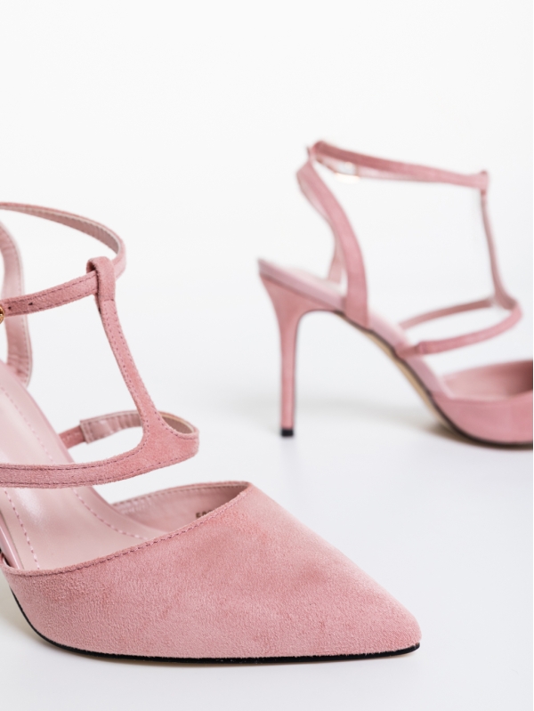 Дамски обувки с ток розови от текстилен материал Caramela, 6 - Kalapod.bg