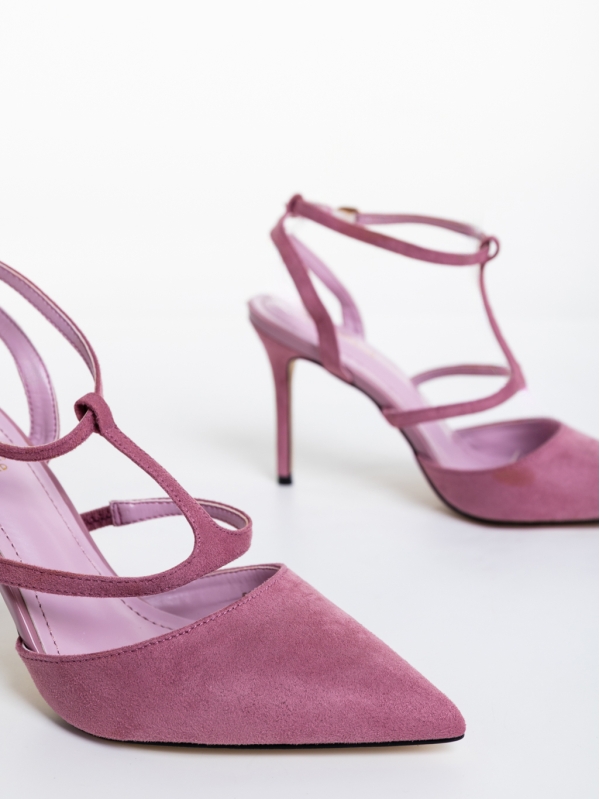 Дамски обувки с ток тъмнолилави от текстилен материал Caramela, 6 - Kalapod.bg