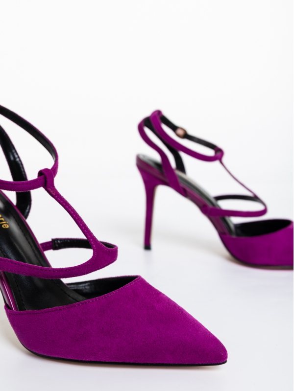 Дамски обувки с ток тъмно лилави от текстилен материал Caramela, 6 - Kalapod.bg