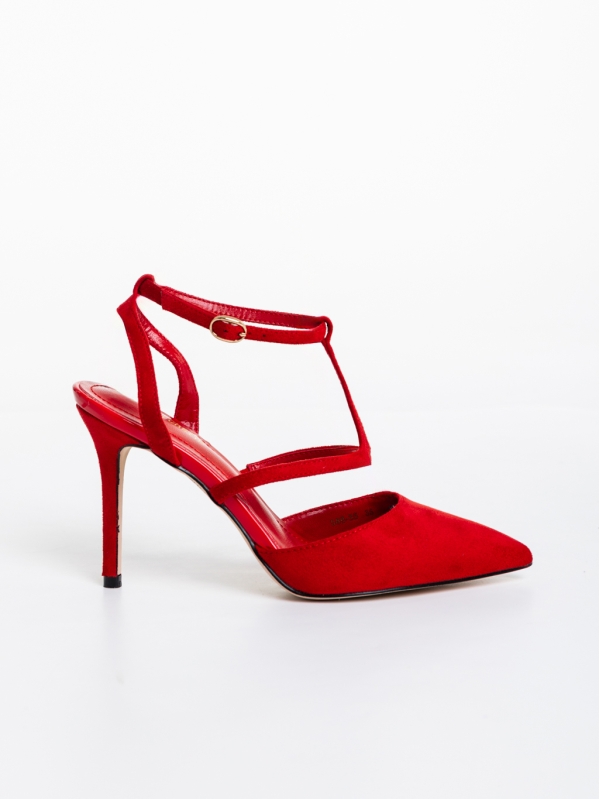 Дамски обувки с ток червени от текстилен материал Caramela, 5 - Kalapod.bg