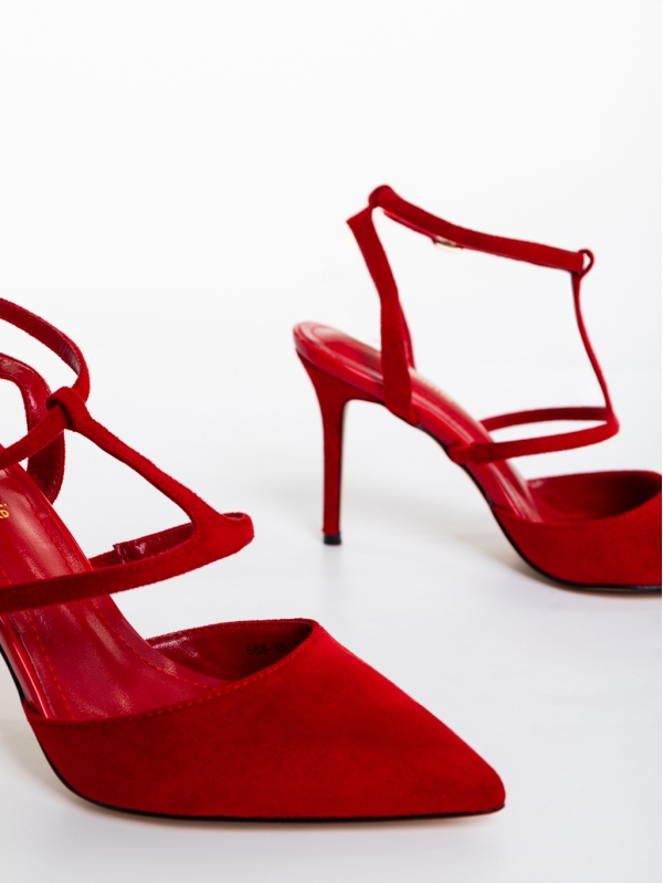 Дамски обувки с ток червени от текстилен материал Caramela, 6 - Kalapod.bg