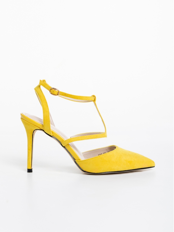 Дамски обувки с ток жълти от текстилен материал Caramela, 5 - Kalapod.bg