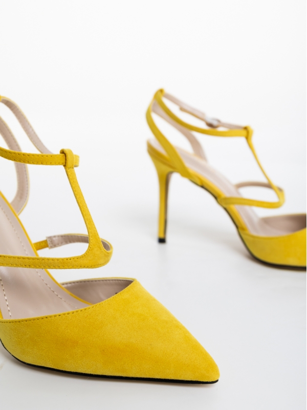 Дамски обувки с ток жълти от текстилен материал Caramela, 6 - Kalapod.bg